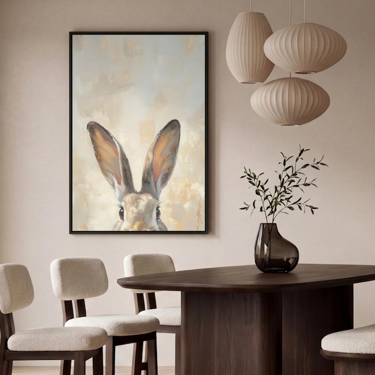 LEINWAND Bilder mit Rahmen - Hase - Ohren - Braun - 80x120 - Beige, Textil (80/120cm) - MuchoWow