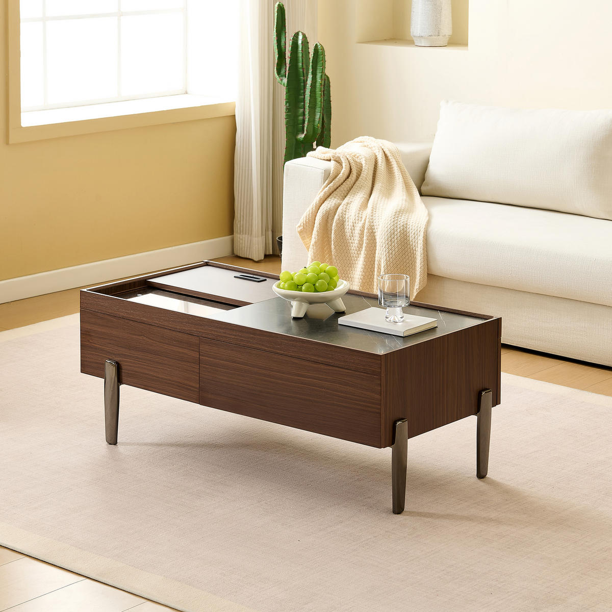 COUCHTISCH 100/60/45 cm dunkelbraun mit Schubladen und Glasplatte - Braun, Holzwerkstoff (105/50/41.5cm) - OKWISH