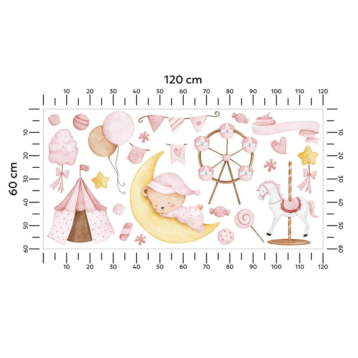 WANDSTICKER Teddybär auf dem Mond Sterne Ballons 120x60 - Gelb/Rosa, Papier (120/60/1cm) - Muralo