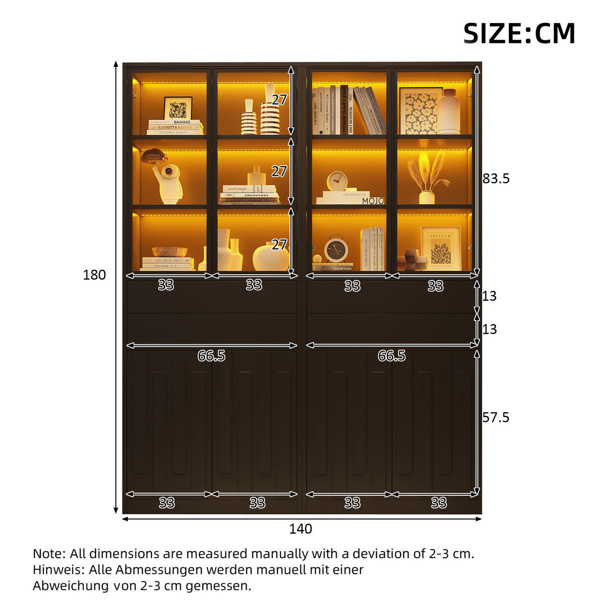 VITRINE 2er-Set 140x34x180 cm Schwarz LED Glastüren - Schwarz, Holzwerkstoff (140/180/34cm) - FLIEKS
