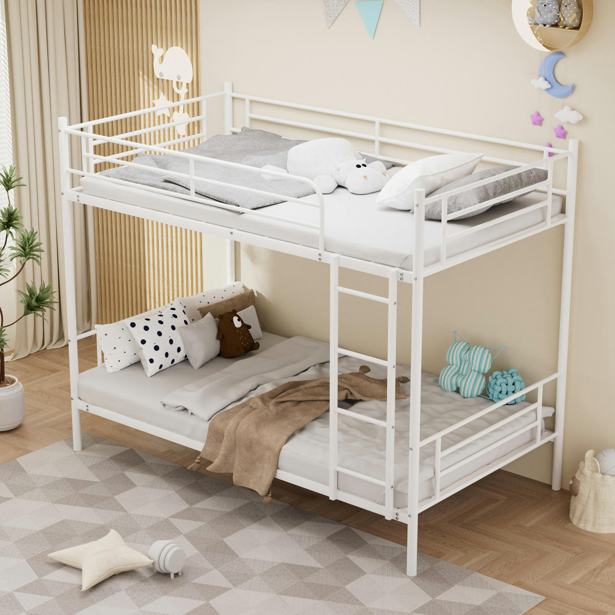 ETAGENBETT 90/190 cm mit Metalltreppe und Geländer, DE-41905, in Weiß - Weiß, Metall (90/190cm) - ComfortXL