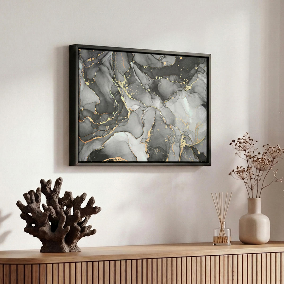 LEINWAND Bilder mit Rahmen - Grau - Luxus - Gold - Marmor - 30x20 - Dunkelgrau, Textil (30/20cm) - MuchoWow
