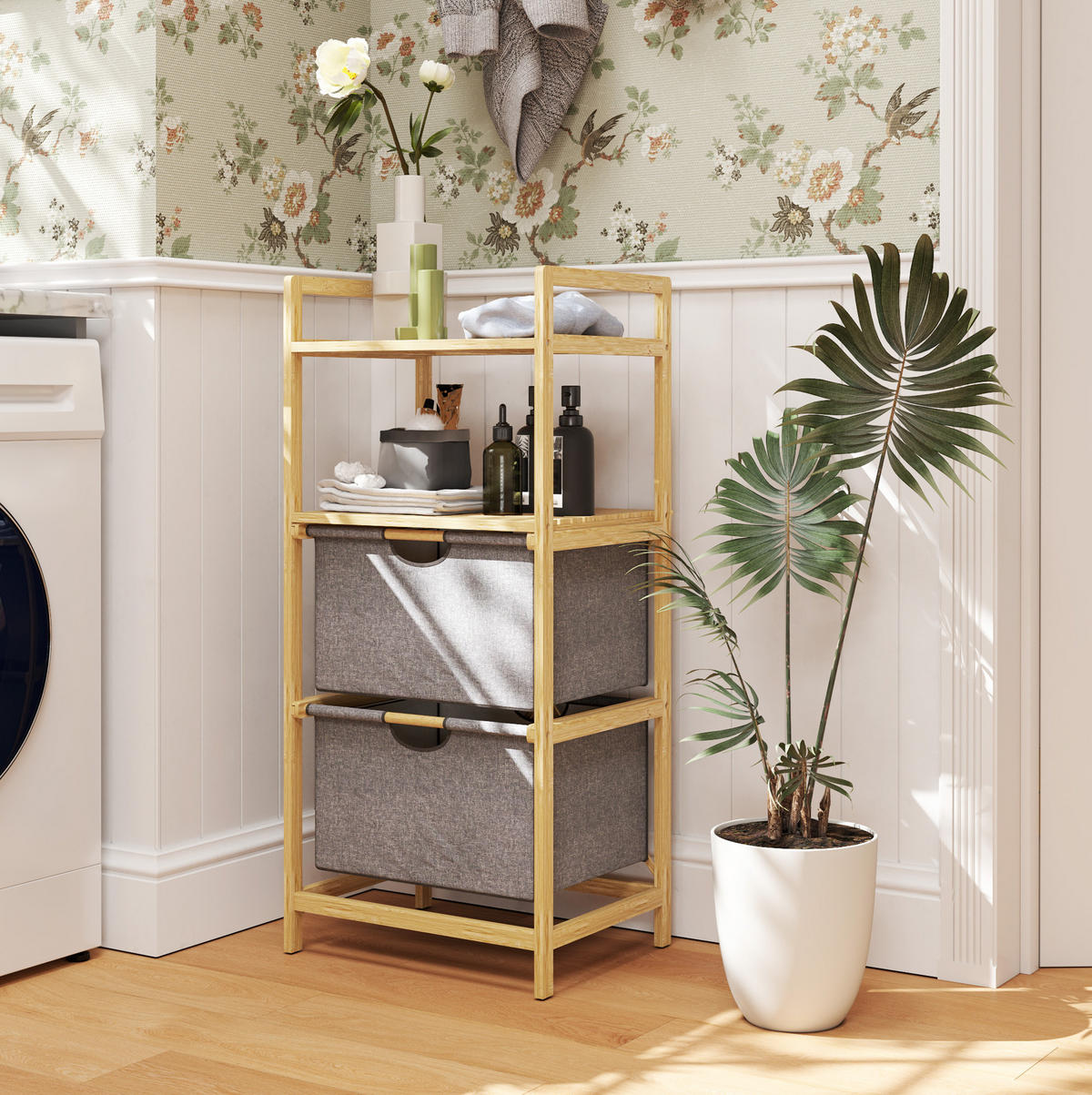 BADEZIMMERREGAL 44x34x96 cm Natur mit 2 Stoffkörben & zweistufigem Design - Naturfarben, Naturmaterialen (44/96/34cm) - Modfu