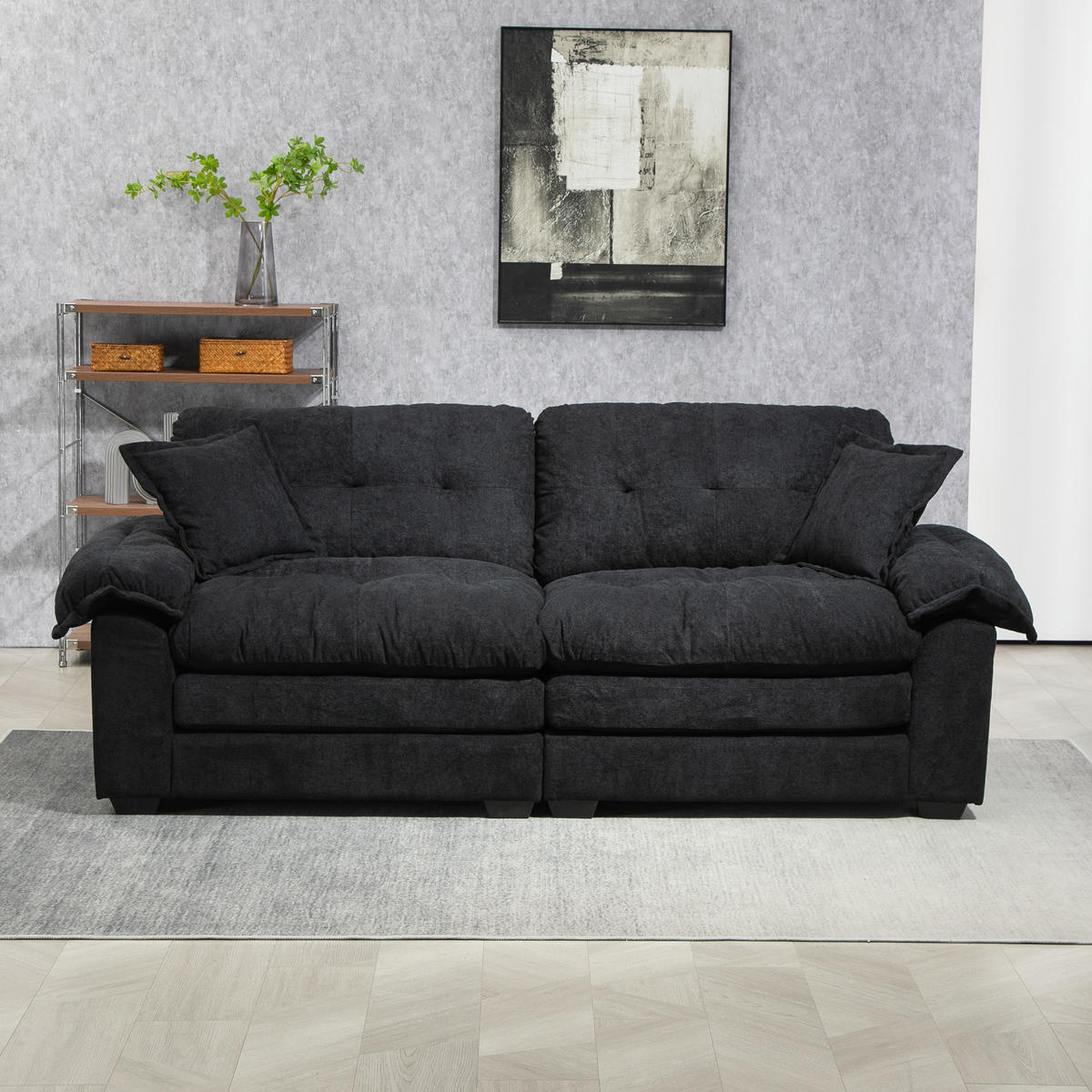 2-SITZER SOFA Chenille Schwarz mit Kissen - Schwarz, Holzwerkstoff/Kunststoff (213.4/87.6/90.1cm) - WISHDOR