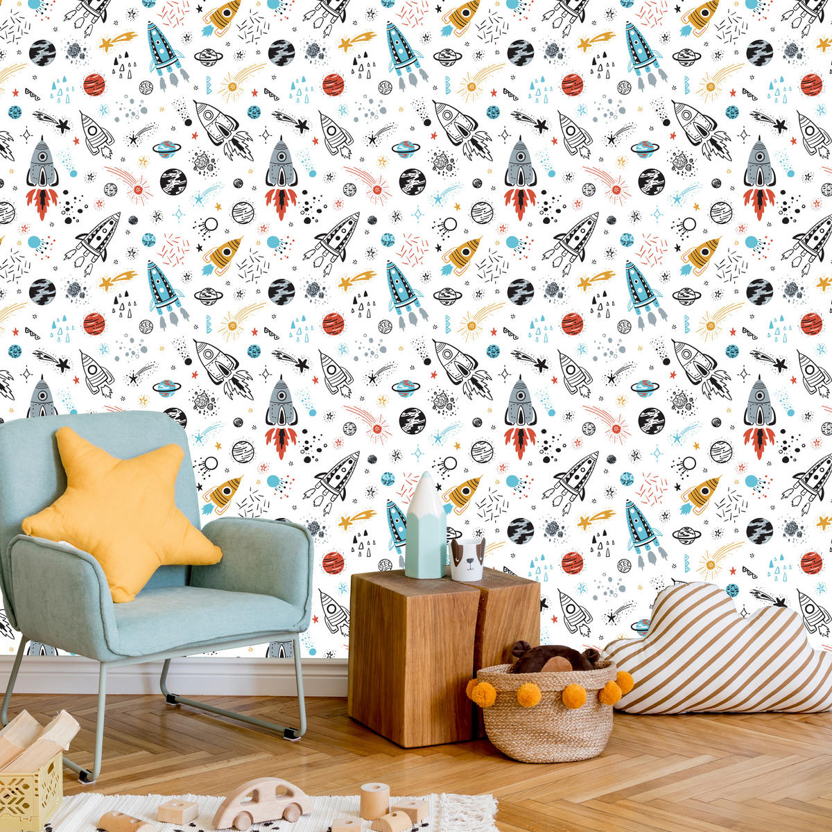 VLIESTAPETE Planeten, Sterne und Raketen – Bunt, Weiß – 50x1000 cm - Multicolor/Weiß, Papier (50/1000cm) - Muralo