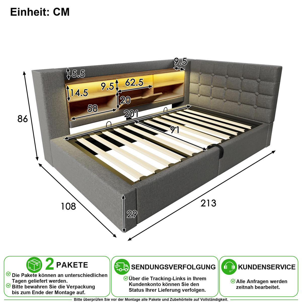 ČALOUNĚNÁ POSTEL 90/200 cm v šedé barvě s úložným prostorem, LED a USB-C - šedá, kov/kompozitní dřevo (90/200cm) - CHICFURN