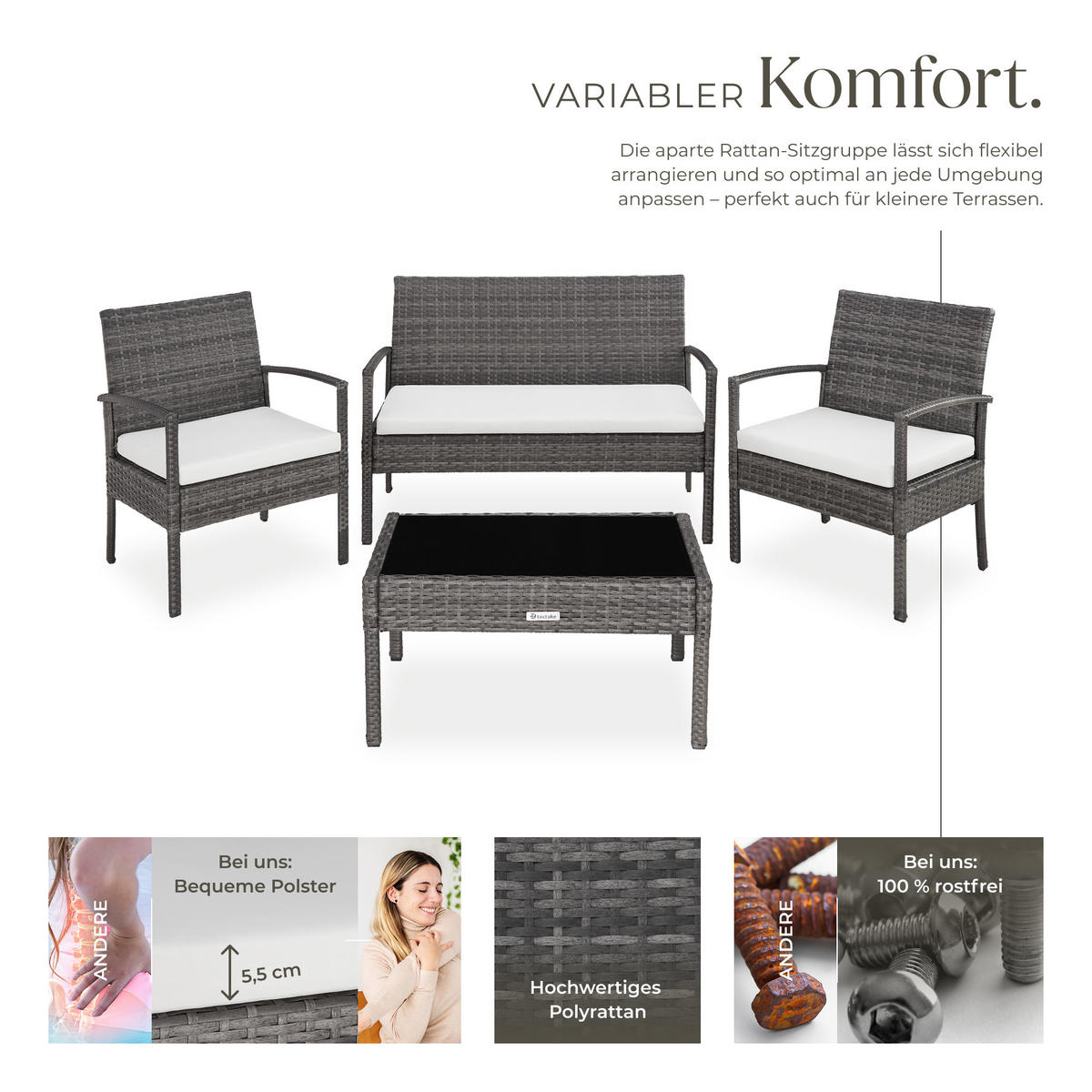 RATTAN SITZGRUPPE Sparta,schlanke Gestelle,grau - Grau, Kunststoff - tectake