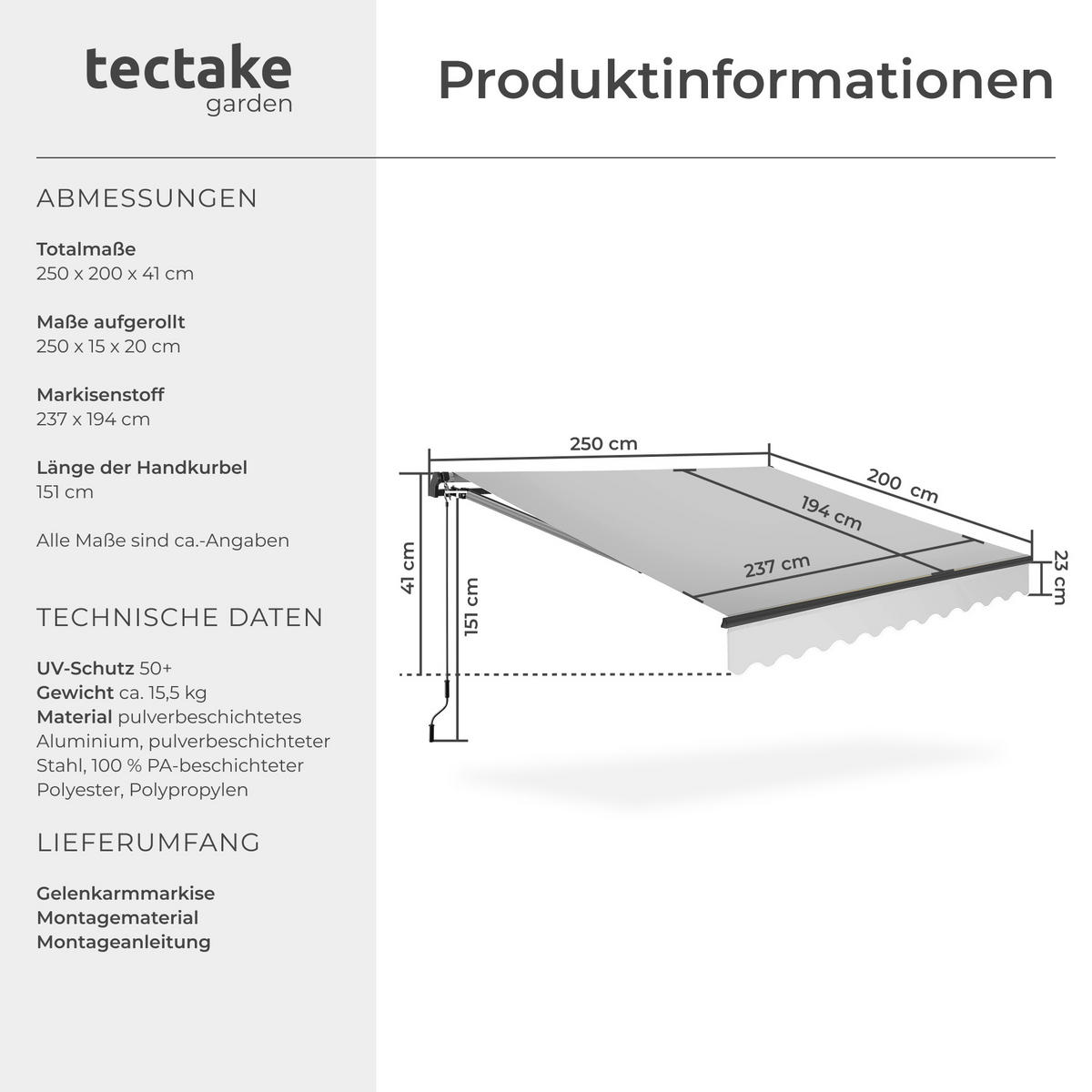 GELENKARMMARKISE Ornella,inkl. Wandhalterung,hellgrau - Hellgrau, Kunststoff (250/41/200cm) - tectake