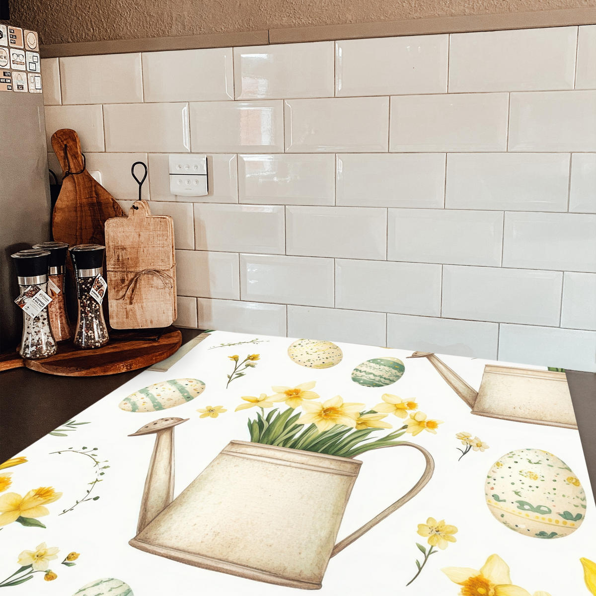 HERDABDECKPLATTE Gießkanne - Blumen - Eier Induktionsmatte 78x78 cm - Weiß, Kunststoff (78/78/0.2cm) - MuchoWow