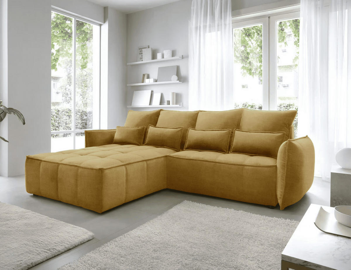 ECKSOFA mit Schlaffunktion und Bettkasten - Gelb, Textil (265/196cm) - Eltap