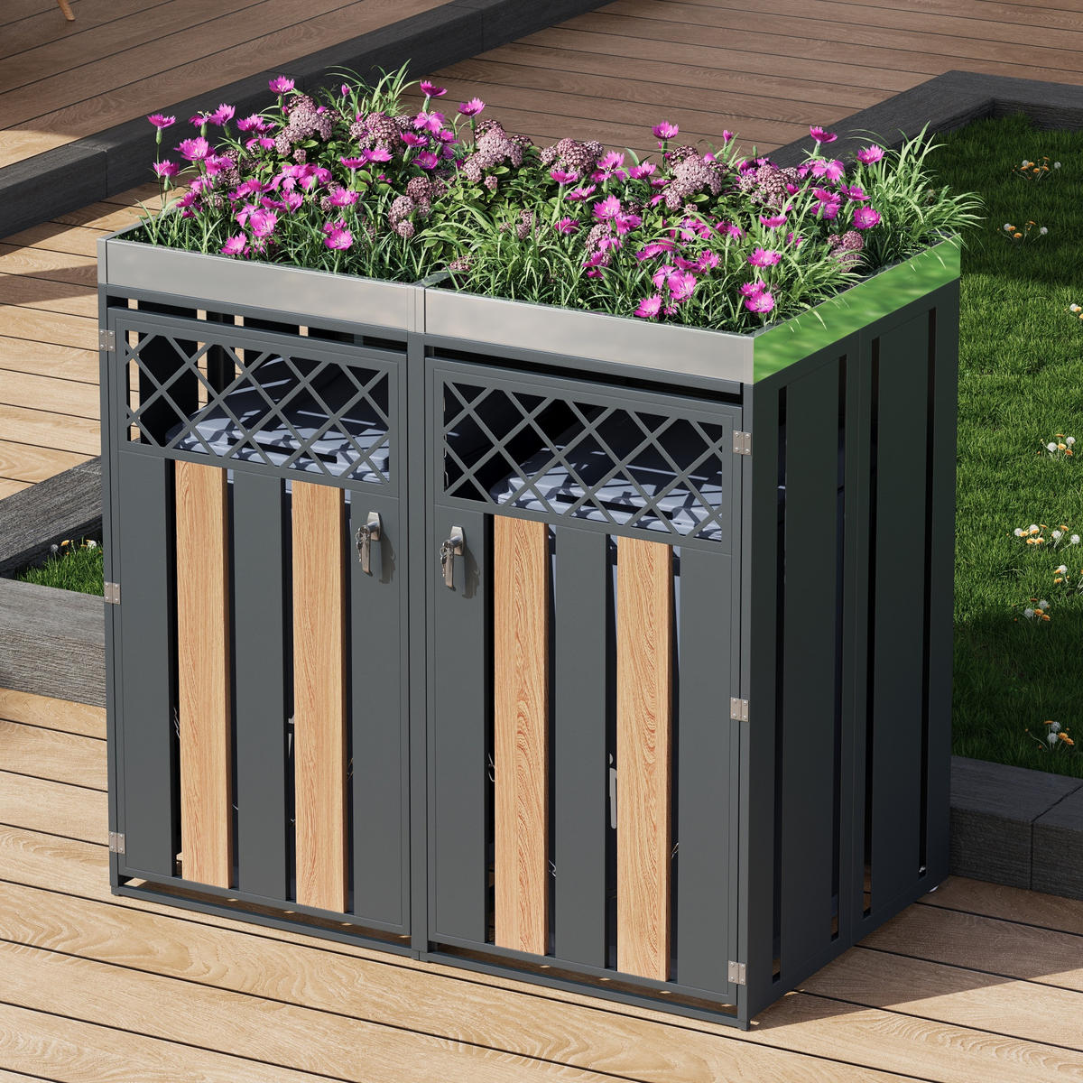 MÜLLTONNENBOX 2 Türen Pflanzfläche Lüftung abschließbar - Grau, Metall (132/124.5/80cm) - LEBENLANG