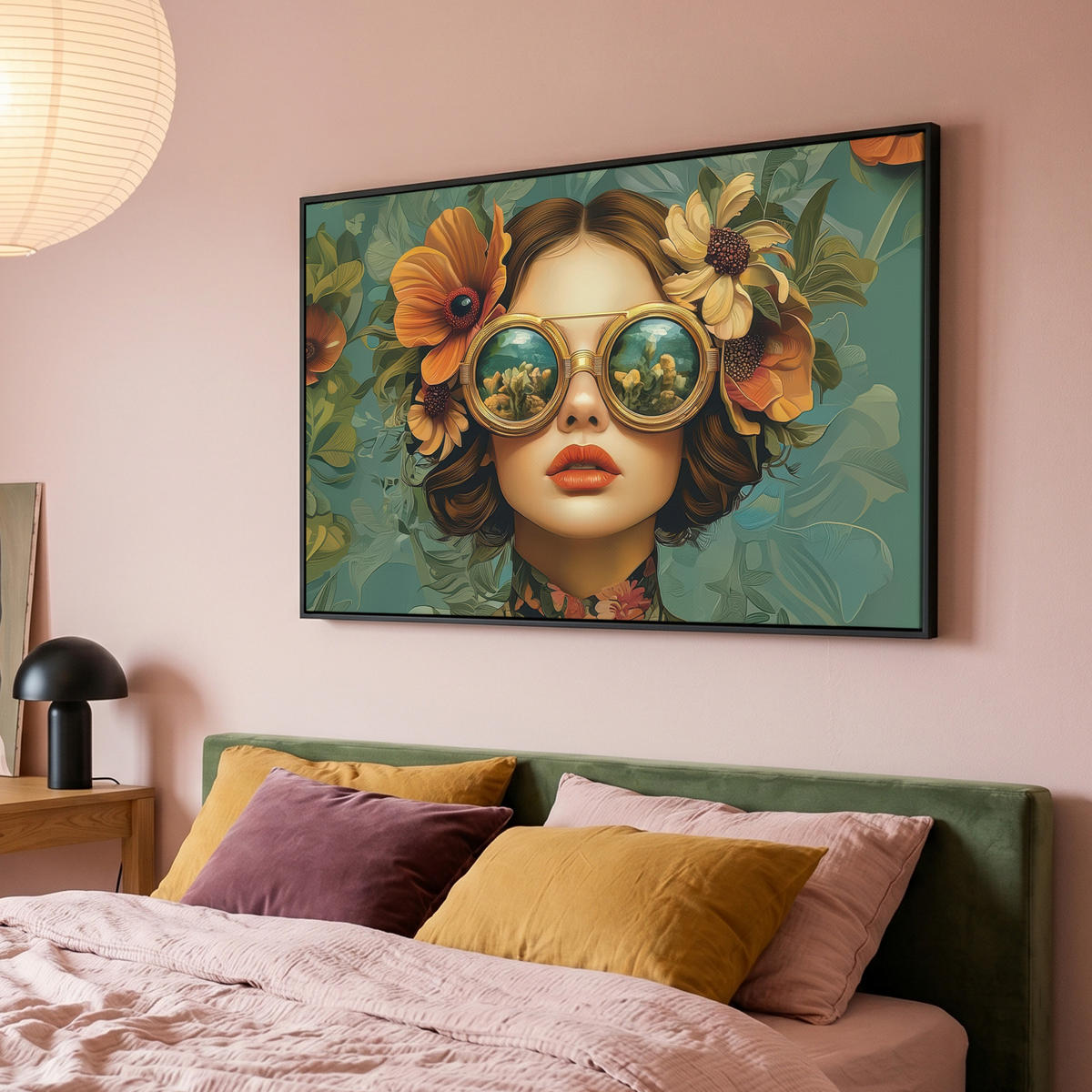 LEINWAND Bilder mit Rahmen - Frau - Blumen - Schmetterlinge - Natur - Vintage - 120x80 - Salbeigrün, Textil (120/80cm) - MuchoWow