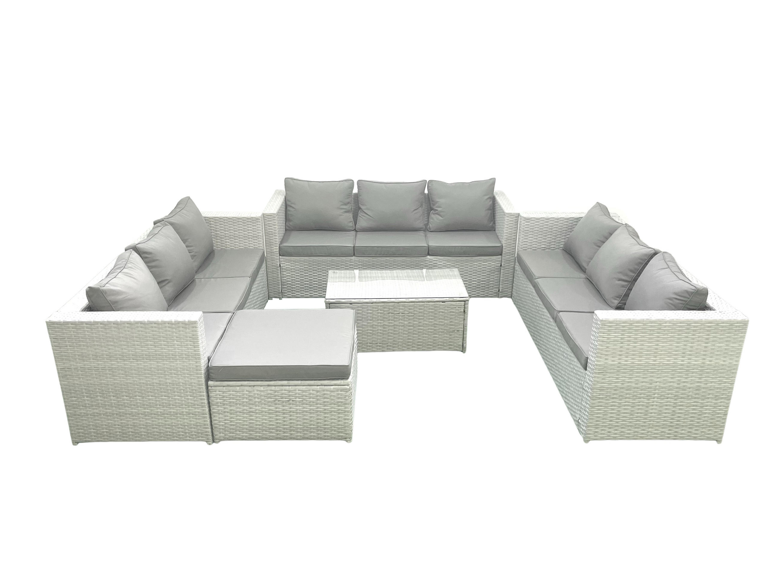 GARTENSET mit 3-SITZER SOFA,COUCHTISCH Polyrattan Hellgrau-Mix 10-Sitzer - Hellgrau/Grau, Glas/Kunststoff - Fimous