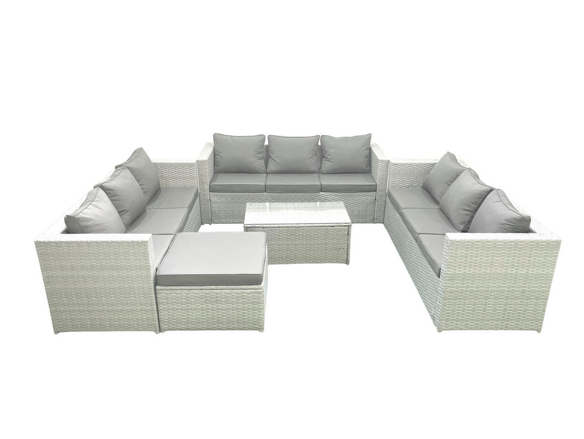 GARTENSET mit 3-SITZER SOFA,COUCHTISCH Polyrattan Hellgrau-Mix 10-Sitzer - Hellgrau/Grau, Glas/Kunststoff - Fimous