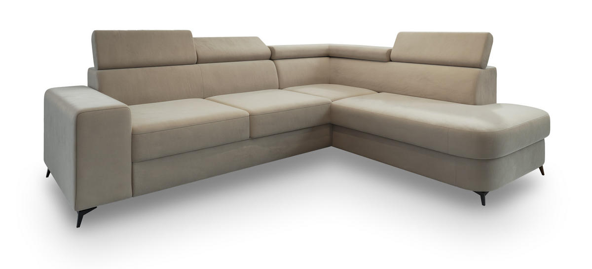 ECKSOFA ALVORO R-S Beige Velours-Stoff mit Schlaffunktion - Beige, Holz (253/190cm) - MASSENO