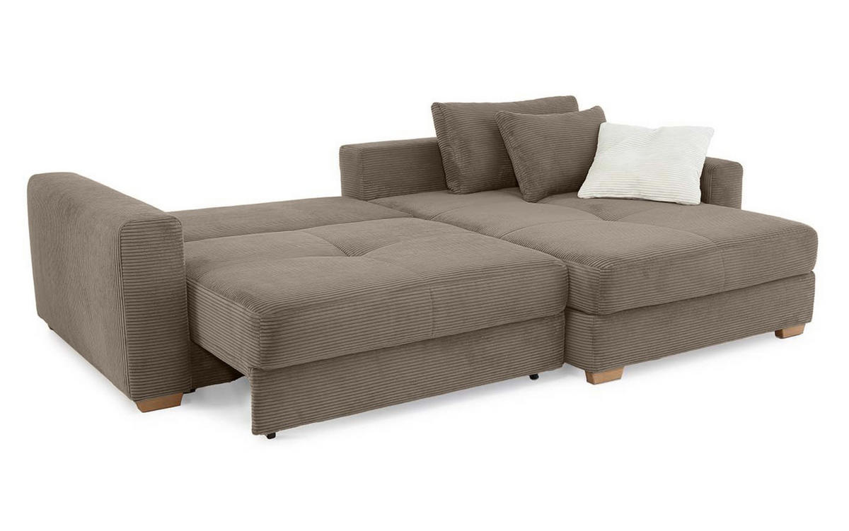 ECKSOFA-DAUERSCHLÄFER Federkern Bettkasten, seitenverkehrt montierbar B288/T186/H86 cm, Liegefl. 153x245 cm, Cord Braun Taupe / 15155 - Taupe/Eichefarben, Holz/Textil (288/186cm) - luma-home