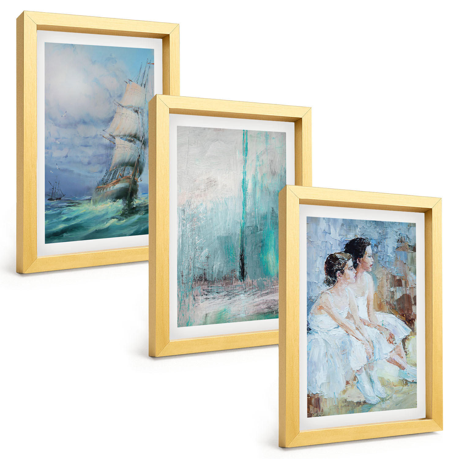 BILDER SET 3er Set - 20x30 cm Goldrahmen - Abstrakte Tänzerin auf dem Schiffsmeer - Goldfarben, Kunststoff (20/30cm) - TULUP