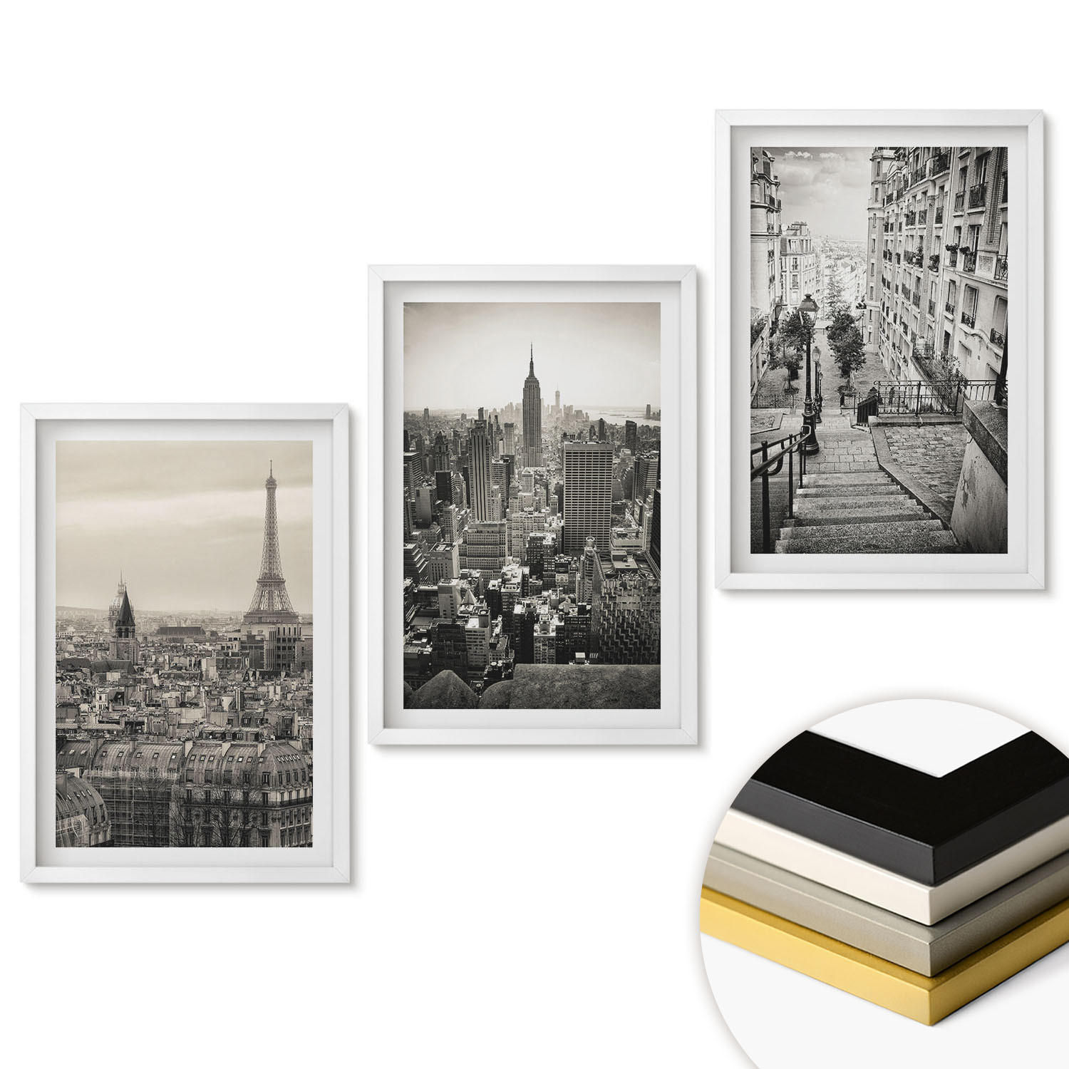 WANDBILDER 3er-Set - 40x60 cm Weißer Rahmen - Aussicht Paris New York Treppen - Weiß, Kunststoff (40/60cm) - ArtPrintCave
