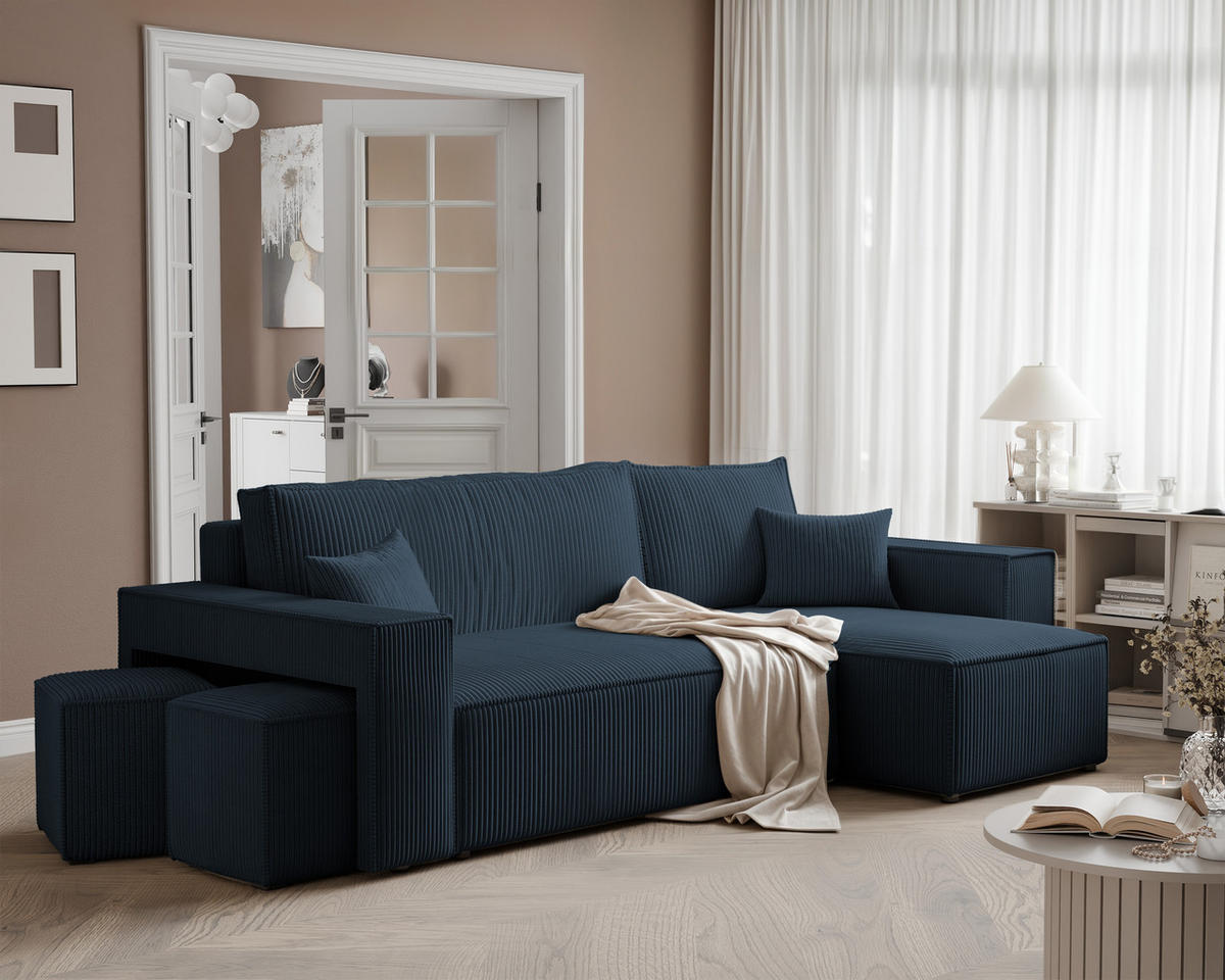 ECKSOFA PARIS mit Schlaffunktion und Bettkasten Marineblau - Dunkelblau, Holzwerkstoff/Kunststoff (262/145cm) - Idohome