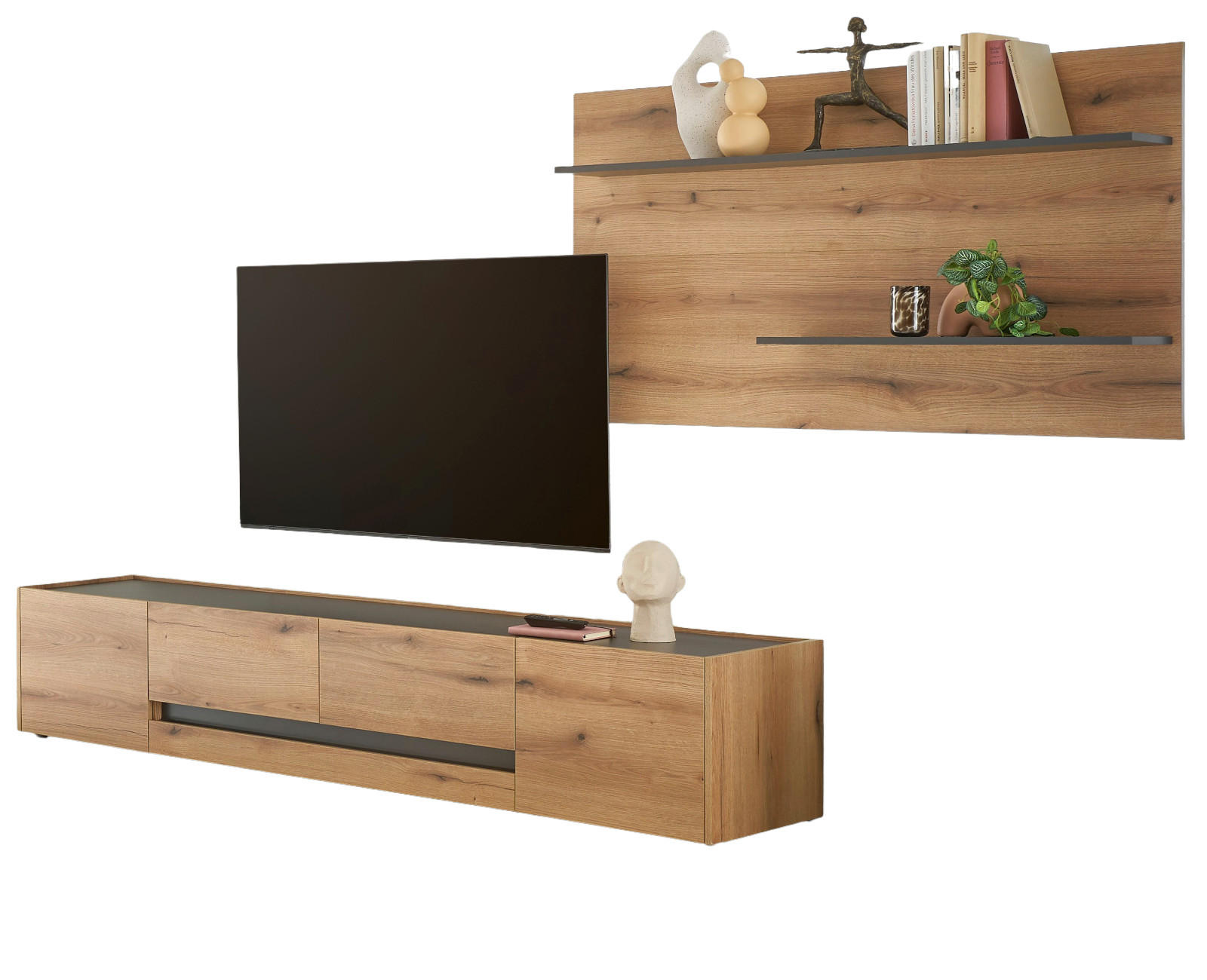 WOHNWAND Evoke Eiche, grau, Wohnkombination Set 2-teilig 300 cm - Eichefarben/Schwarz, Holz/Holzwerkstoff (300/180/45cm) - Furn.Design