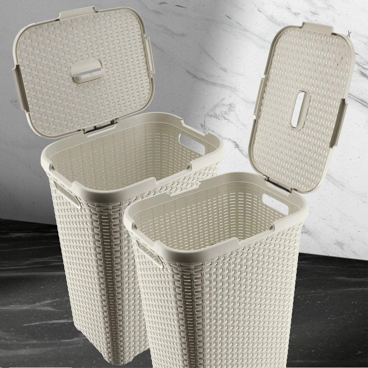 WÄSCHEKORB mit Deckel 60L, creme - Creme, Kunststoff (45/61cm) - KADAX