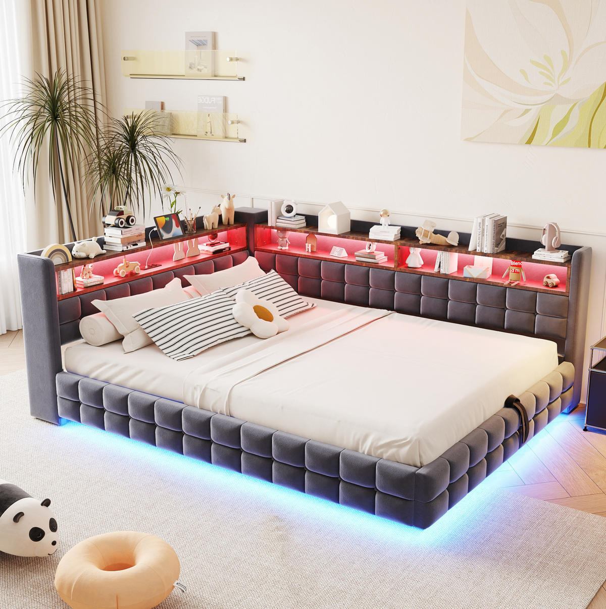 ČALOUNĚNÁ postel 140/200 cm šedá z sametu s úložným prostorem, LED a USB - šedá, textil (140/200cm) - OKWISH