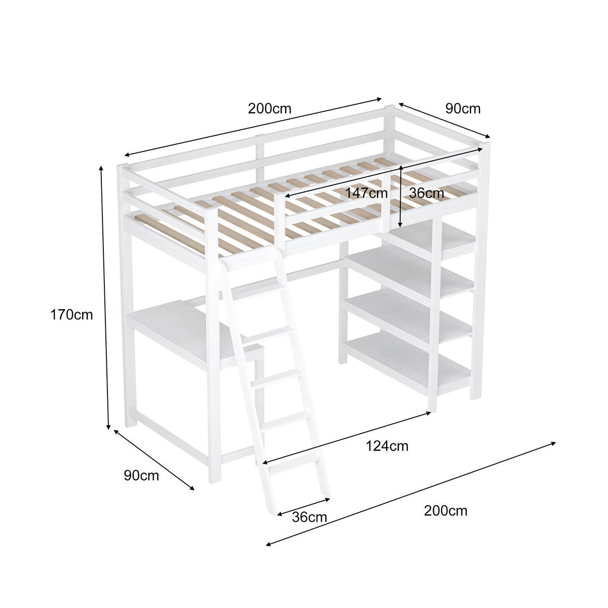 HOCHBETT 90x200 cm mit Schreibtisch & Regalen, Lattenrost, Weiß - Weiß, Holz