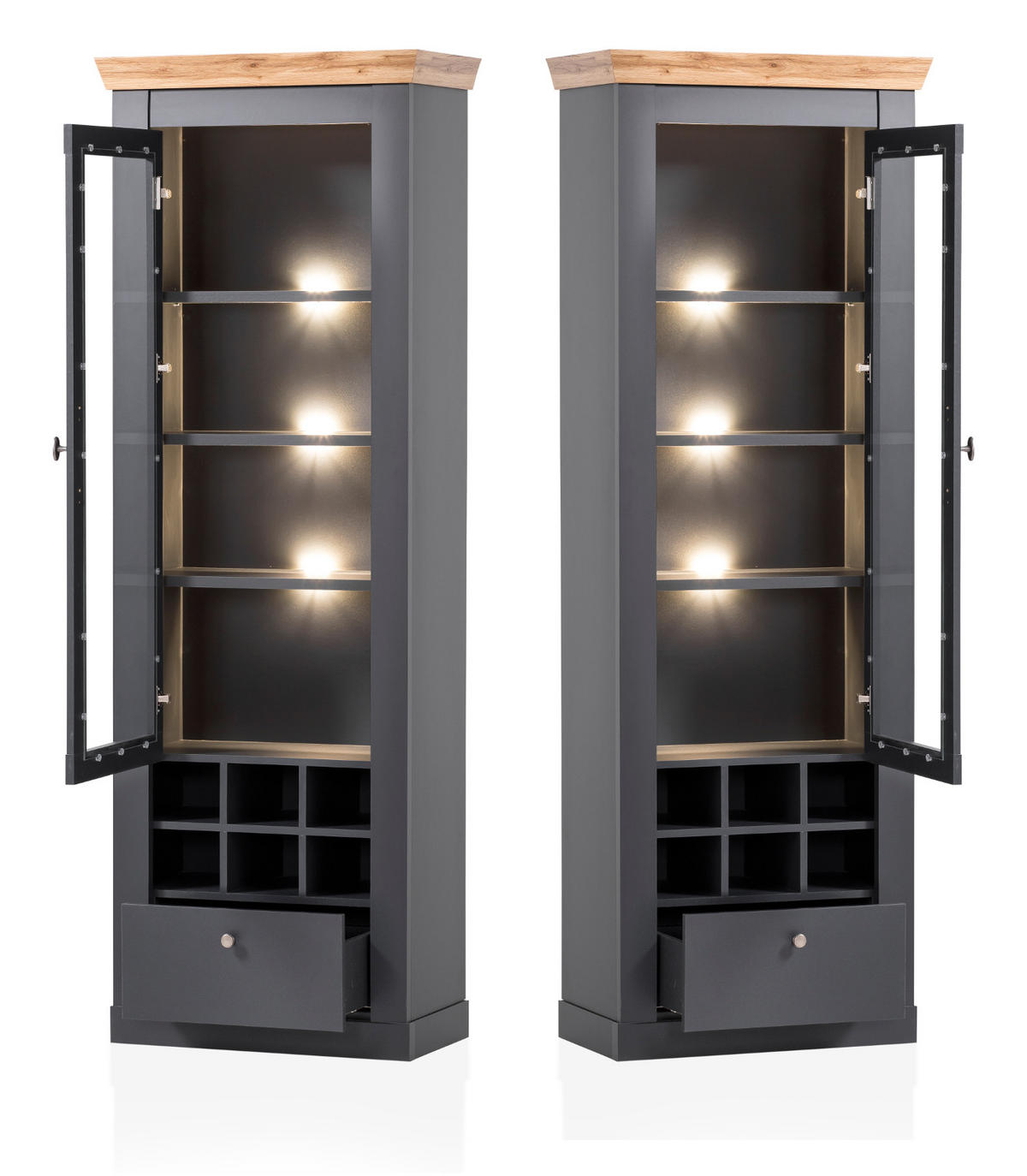 VITRINENSCHRANK grau, Eiche Wotan, Landhaus 72 cm, Vitrine mit Soft-Close - Silberfarben/Eiche Wotan, Glas/Holzwerkstoff (72/201/38cm) - Furn.Design
