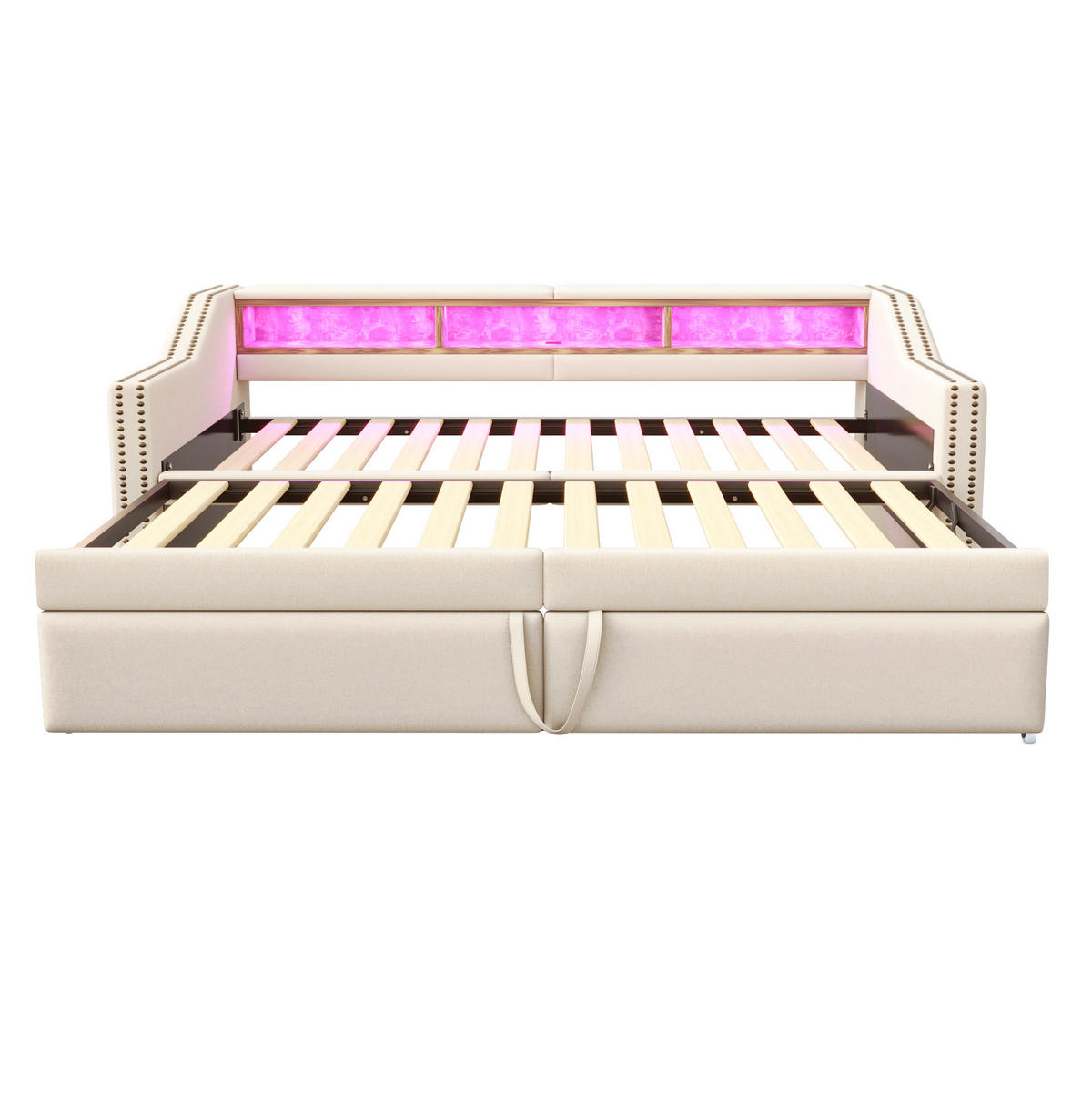 POLSTERBETT 90/180 x 200 cm aus Leinenstoff mit Ausziehfunktion LED und USB Beige - Beige, Textil (90/180cm) - Modenvie