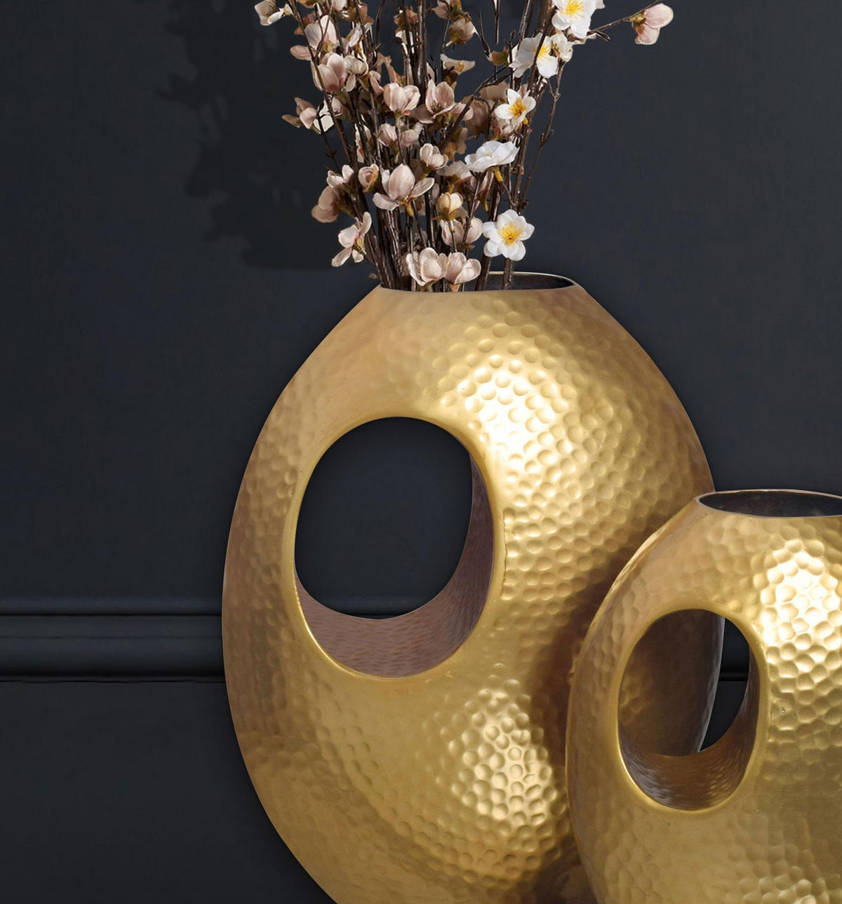 VASE 2er Set Aluminium mit Tragegriff Hammerschlag Modern Handgefertigt, Gold 29x17x39 cm - Goldfarben, Metall (39cm) - KADIMA DESIGN