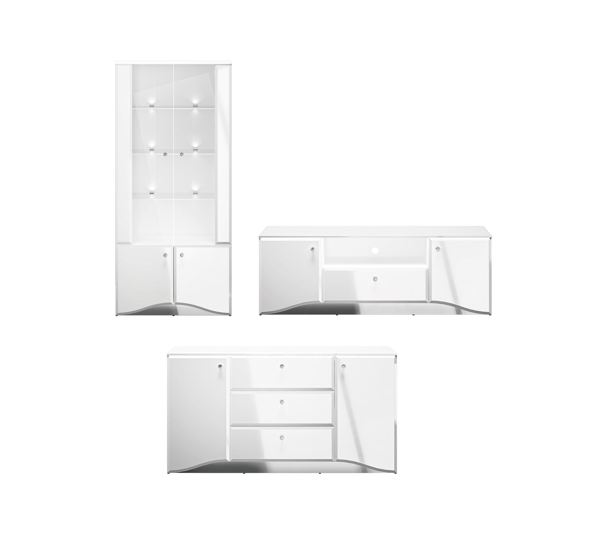 WOHNZIMMER-SET Glamour weiß / weiß hochglanz 3-teilig - Weiß Hochglanz/Weiß, Glas/Holz (407/191/41cm) - Feldmann-Wohnen