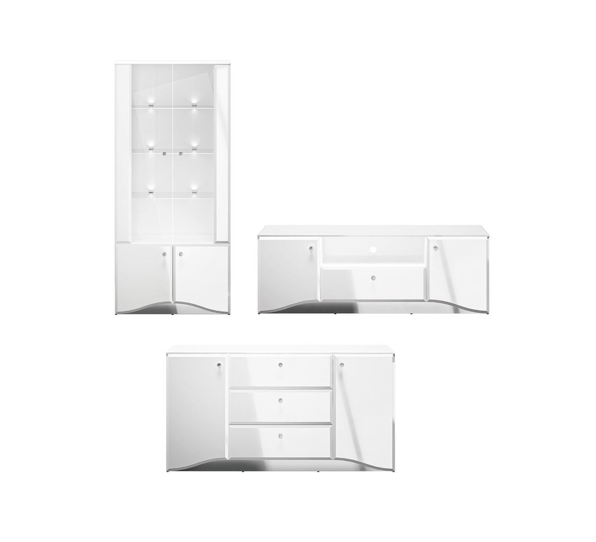 WOHNZIMMER-SET Glamour weiß / weiß hochglanz 3-teilig - Weiß Hochglanz/Weiß, Glas/Holz (407/191/41cm) - Feldmann-Wohnen