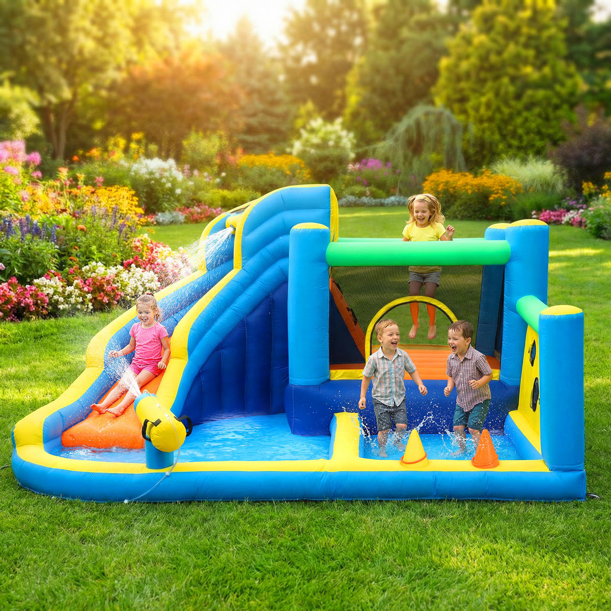 HÜPFBURG DE-18571 8-in-1 mit Gebläse, Wasserspielzeug & Trampolin - Multicolor, Kunststoff (350/320/190cm) - ComfortXL