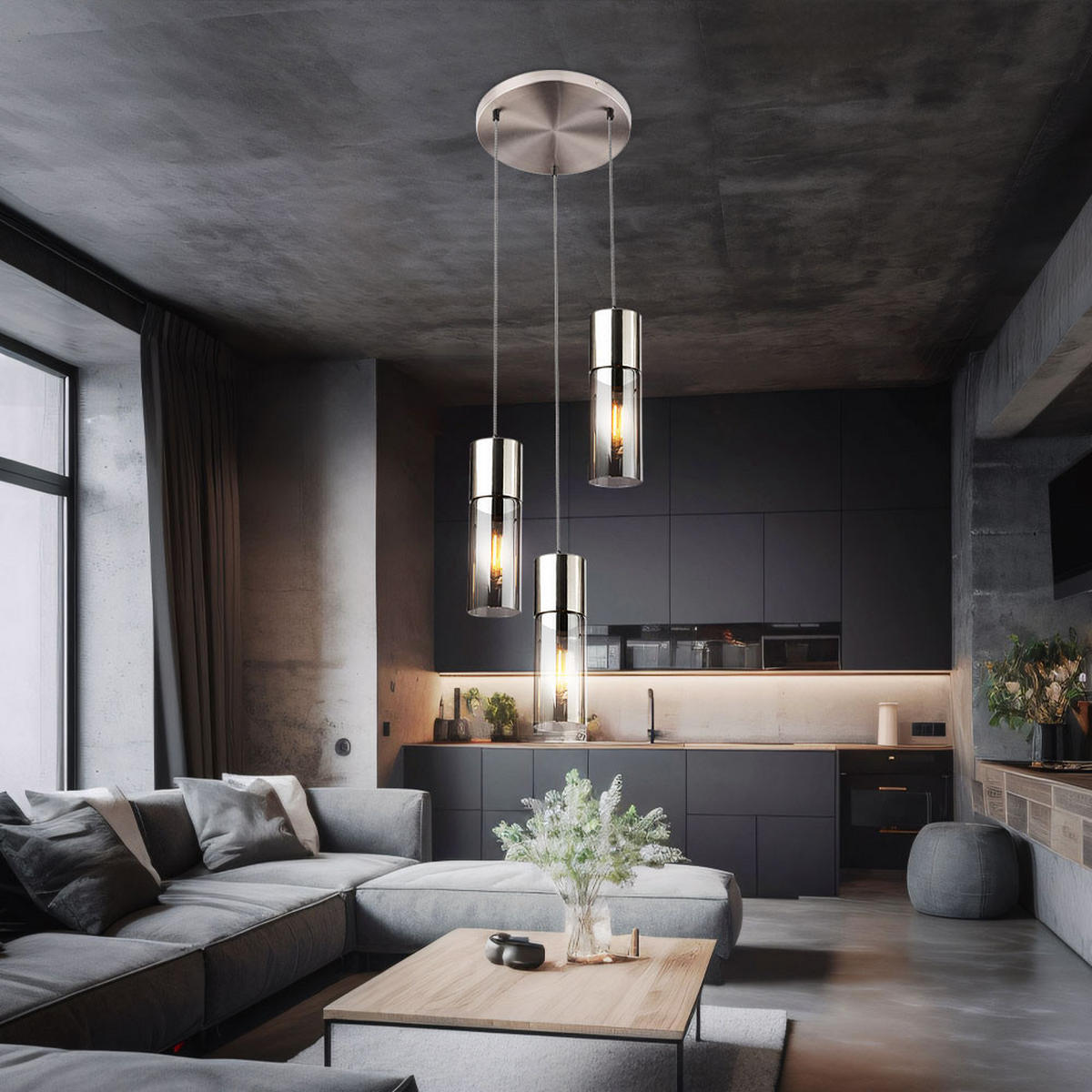 HÄNGELEUCHTE Metall Rauchglas Silber 3-flammig - Silberfarben, Glas (30/30/150cm) - Globo Lighting