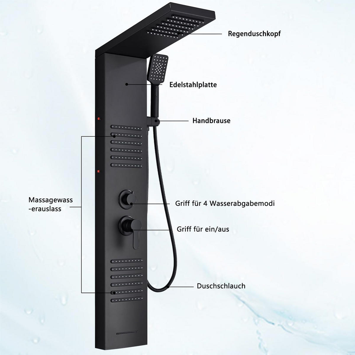 ÜBERKOPFBRAUSESET Schwarz LED Regendusche Massagedüsen - Schwarz, Metall (20/122/46cm) - Kaket