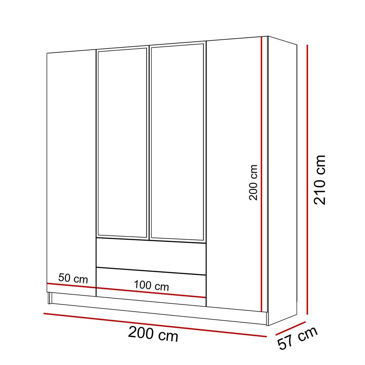 KLEIDERSCHRANK AUREL 4D2SZ mit Schubladen und Spiegel - Weiß Hochglanz, Holzwerkstoff (200/200/57cm) - Lookway