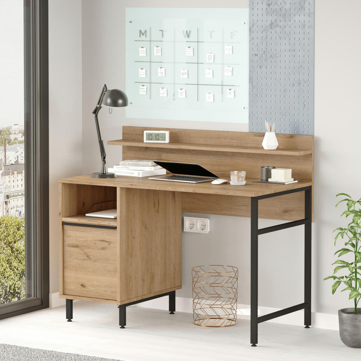 BÜROTISCH Fajaarire - Eichefarben/Schwarz, Holzwerkstoff/Metall (120/60/100cm) - [en.casa]