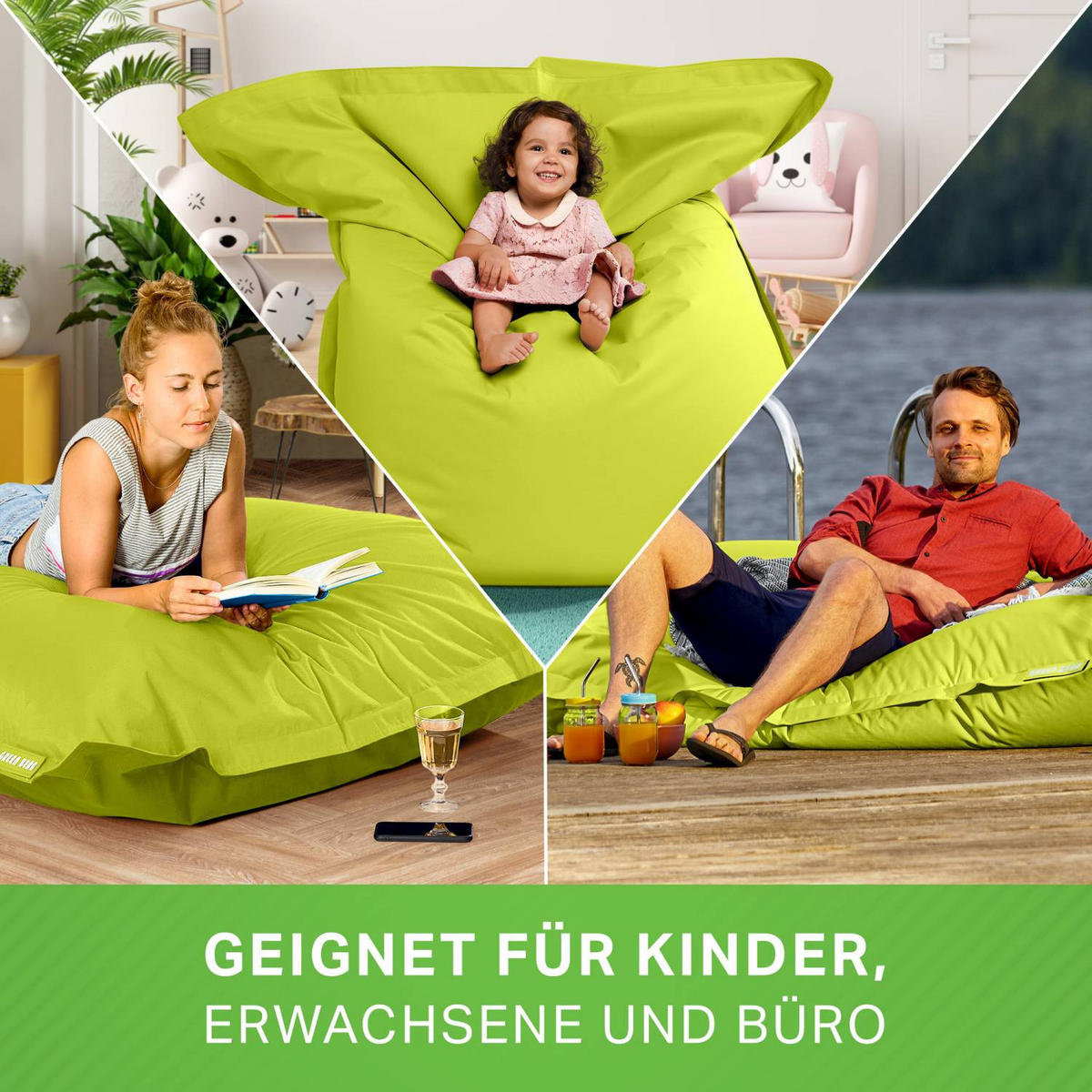 SITZSACK XXL "Square" 140x180cm - 380 L - Hellgrün, Textil (140/25/180cm) - Green Bean