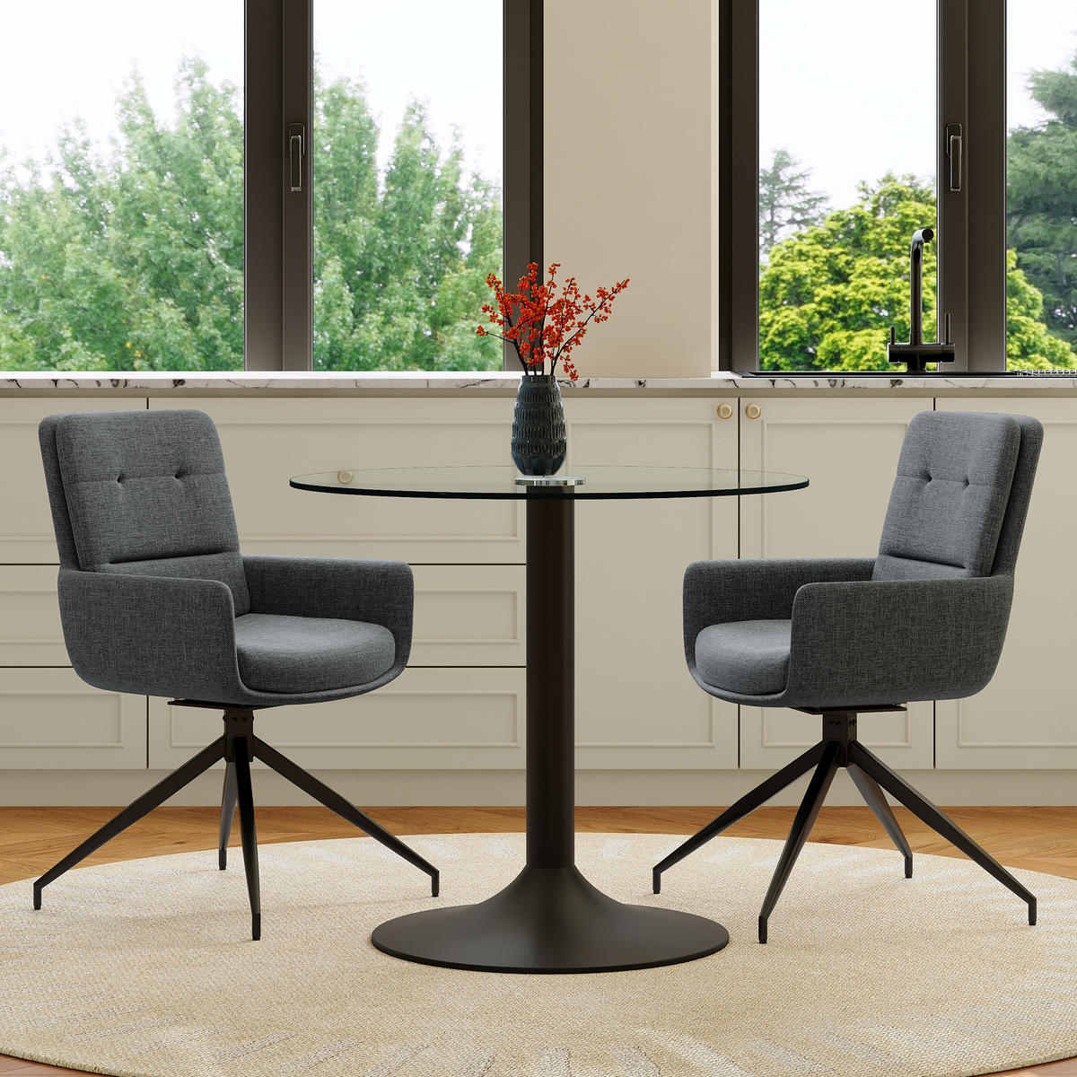 ESSGRUPPE DE-39489 3-teilig, Glastisch und 2 Drehstühlen mit Stoffbezug Dunkelgrau - Dunkelgrau, Metall (85/75/85cm) - ComfortXL
