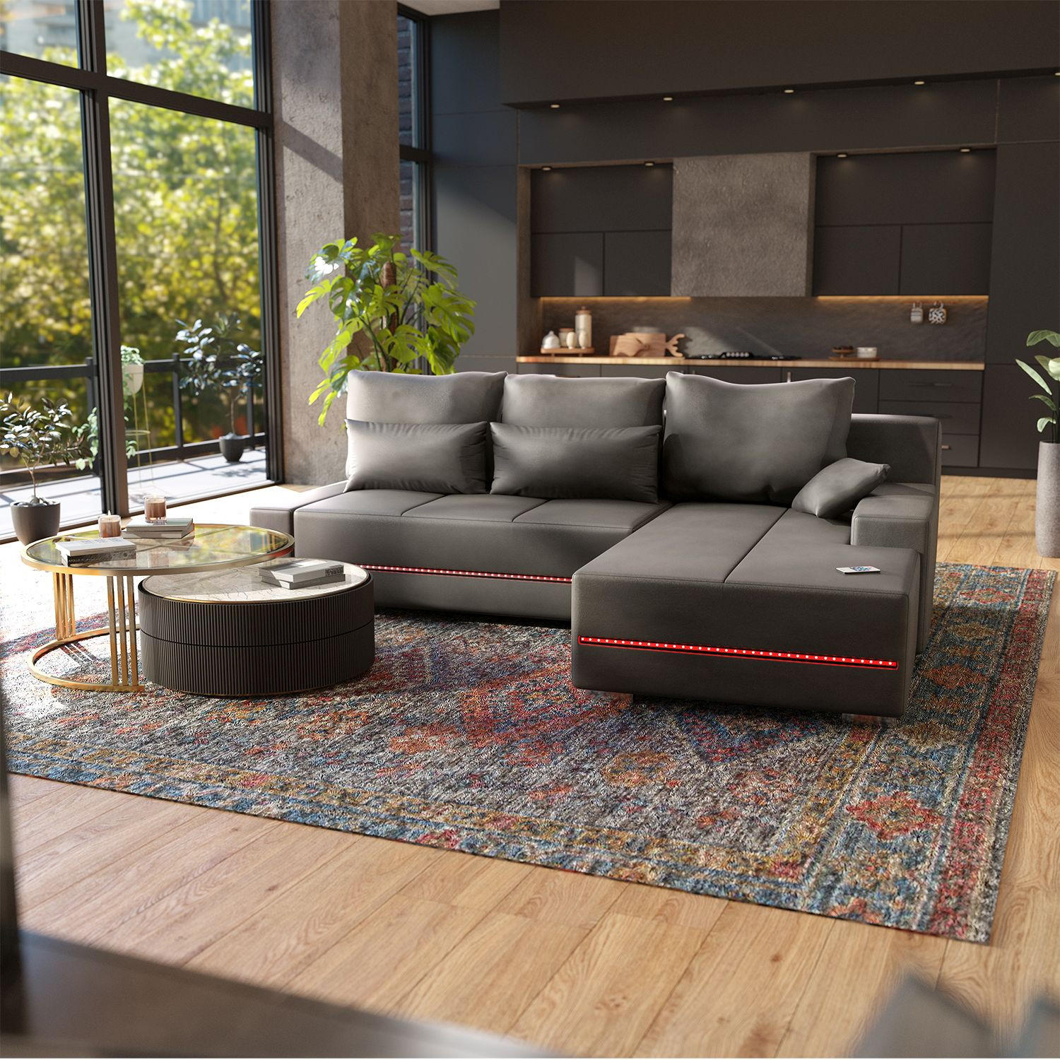 SOFA Davos mit Ottomane rechts hellgrau inkl LED - Hellgrau, Textil (260/180cm) - Juskys