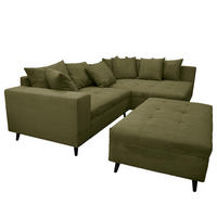 ECKSOFA mit Ottomane und Hocker - Schwarz/Olivgrün, Birkenholz/Textil (247/174cm) - home24