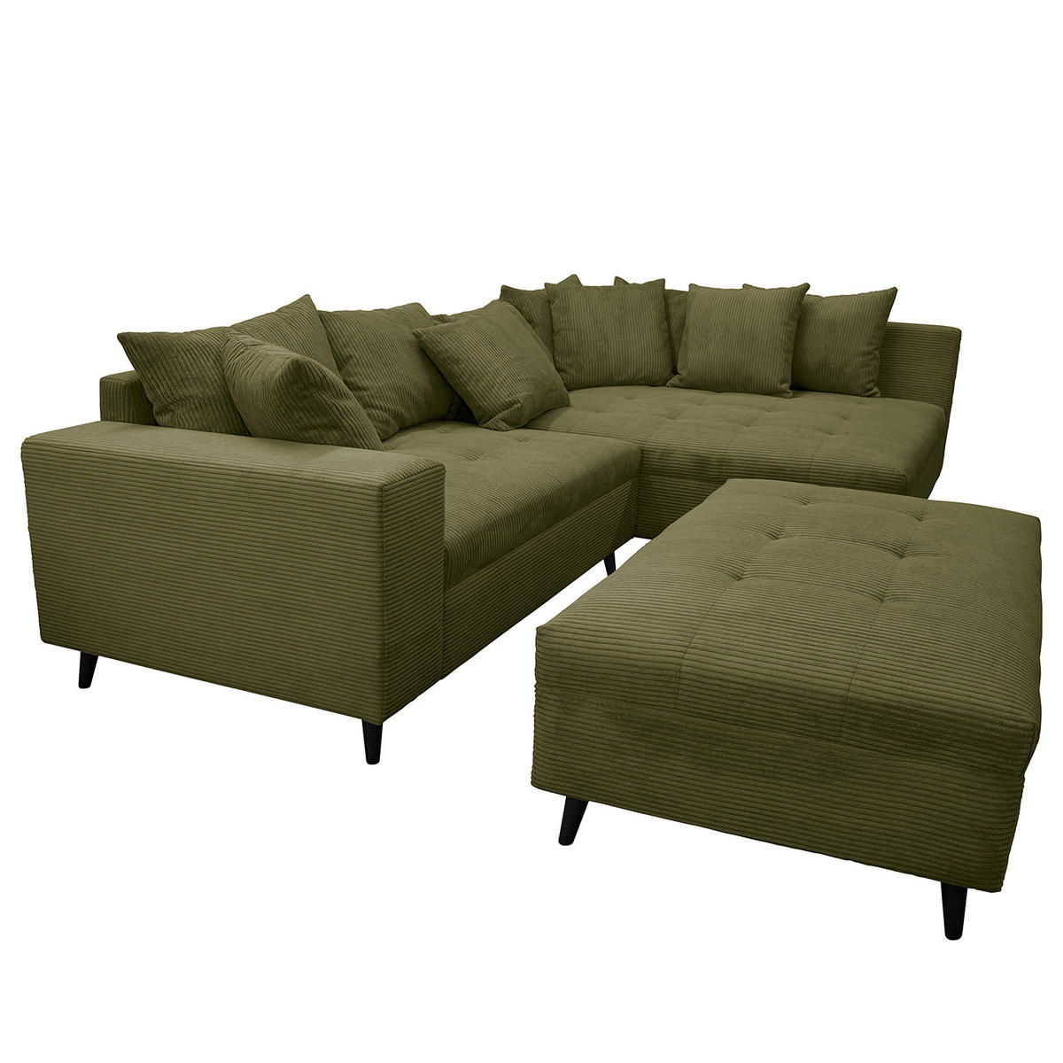 ECKSOFA mit Ottomane und Hocker - Schwarz/Olivgrün, Birkenholz/Textil (247/174cm) - home24