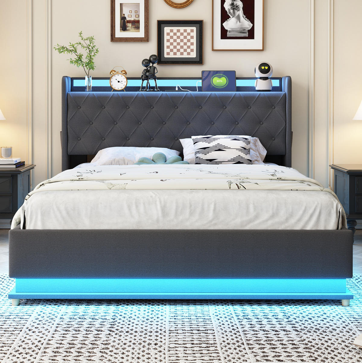 ČALÚNENÁ posteľ z látky 140x200 cm sivá s LED osvetlením, USB portom a hydraulickým úložným priestorom - sivá, textil (140/200cm) - Modfu