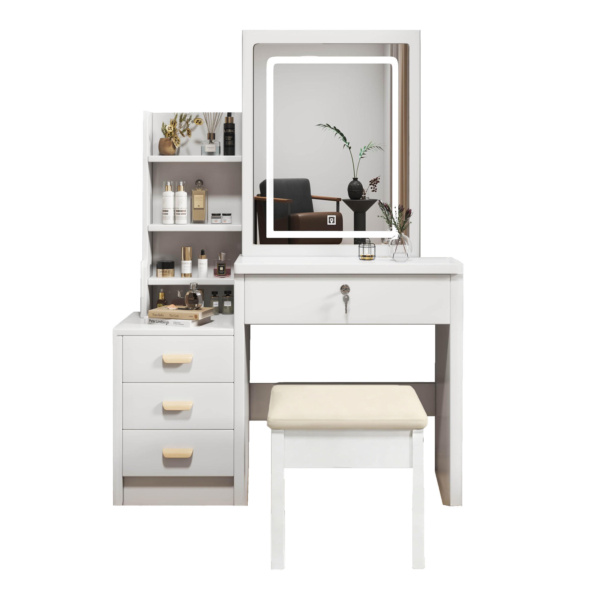 SCHMINKKOMMODE in Weiß 85/36/130 cm aus MDF mit LED-Spiegel, 4 Schubladen und Hocker - Weiß, Glas/Holzwerkstoff (85/130/36cm) - CHICFURN