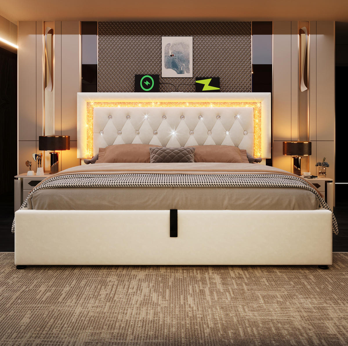 ČALÚNENÁ posteľ zo zamatu 140x200 cm béžová s LED, USB, Type-C a hydraulickým úložným priestorom - béžová, textil (140/200cm) - Modfu