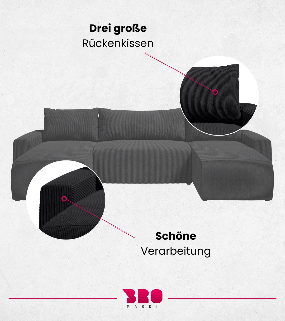 WOHNLANDSCHAFT Plush mit Schlaffunktion Schwarz Cord - Schwarz, Kunststoff/Textil (315/72/145cm) - Bromarkt
