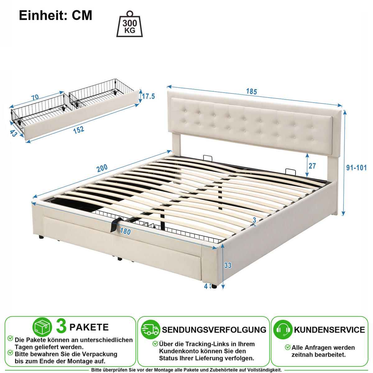 POLSTERBETT 180/200 cm in Beige Samt mit Bettkasten und Schubladen - Beige, Holzwerkstoff/Textil (180/200cm) - CHICFURN