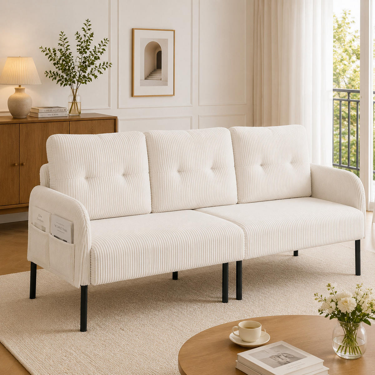 3-SITZER-SOFA DE-33596 mit Seitentaschen Beige - Beige, Metall (171/80/72cm) - ComfortXL