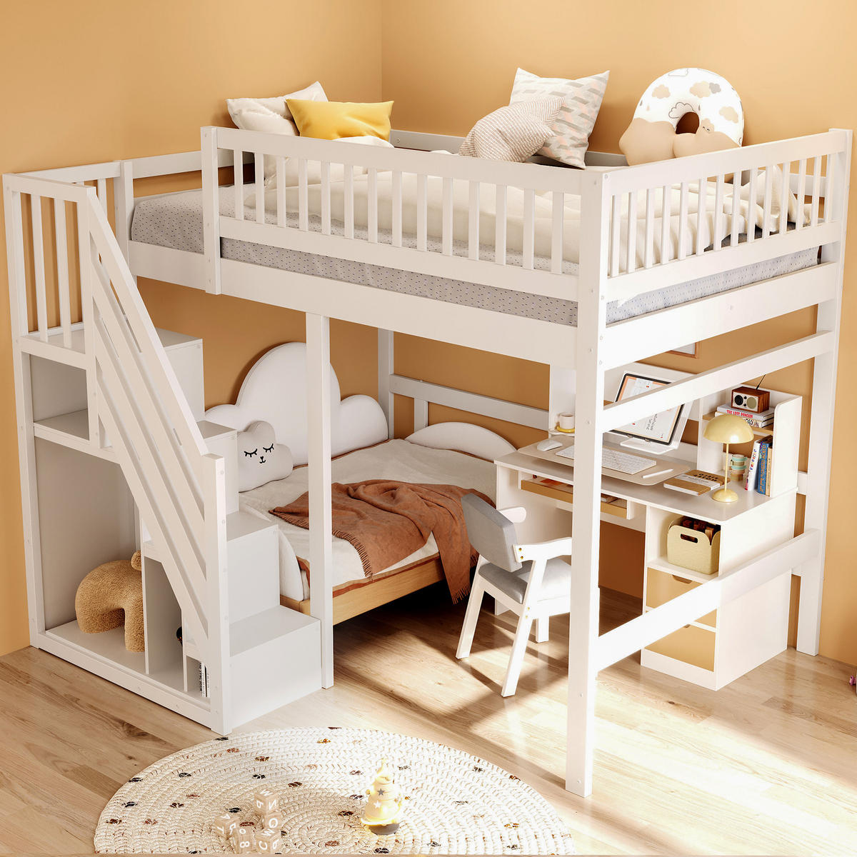 HOCHBETT aus Massivholz 140x200 cm in Weiß mit Aufbewahrungstreppe - Weiß, Holz (140/200cm) - Modfu