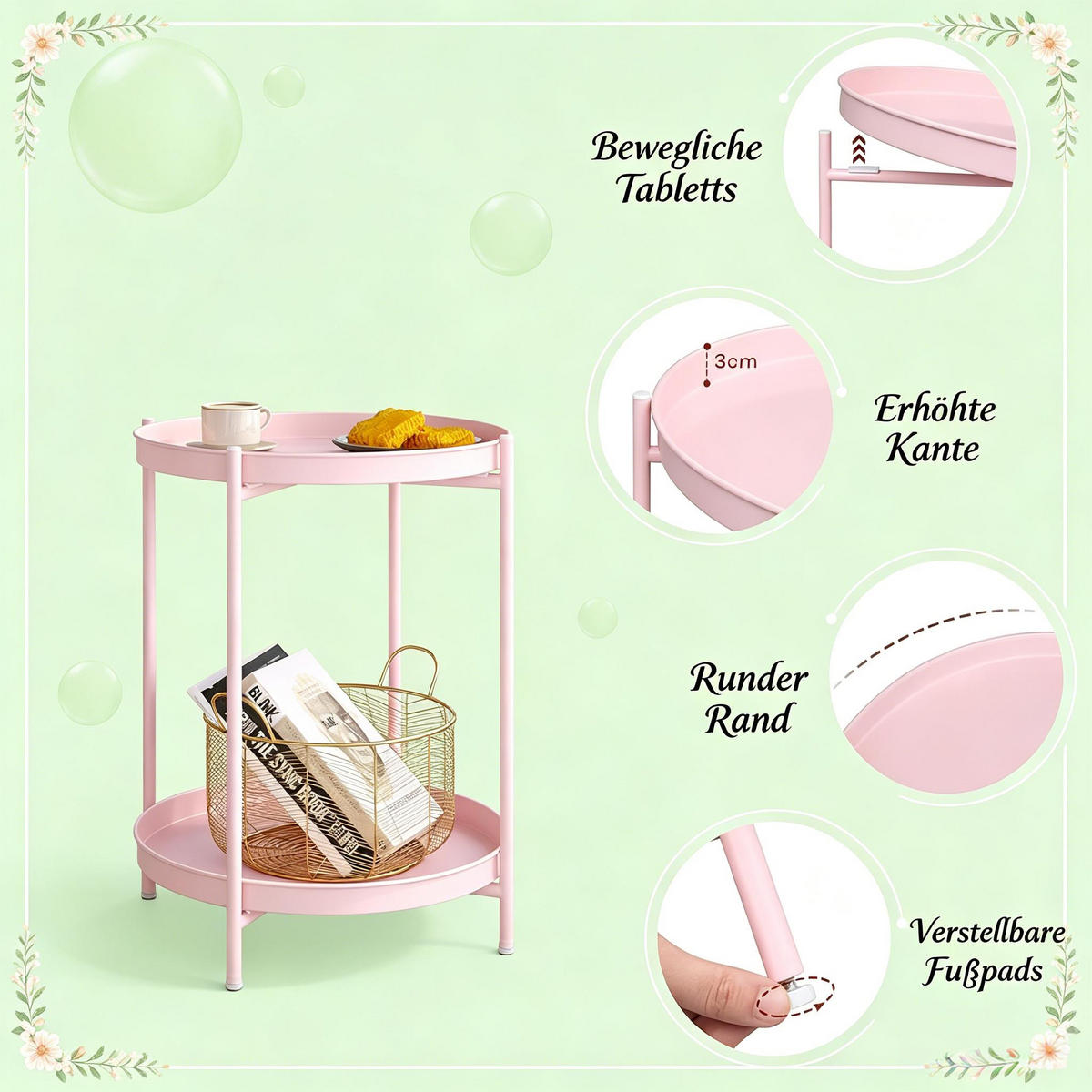 BEISTELLTISCH Pink mit 2 abnehmbaren Schalen 44/44/53 cm - Pink, Metall (44/44/53cm) - PANGIVO